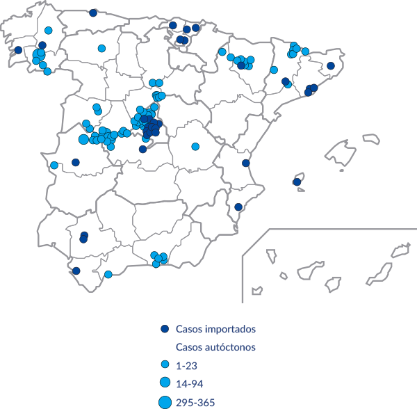 Mapa de distribución de casos registrados de Thelaziosis